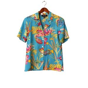 Ann May 100% Silk Tropical Fish Blouse | Blue Hawaiian Print | Size S